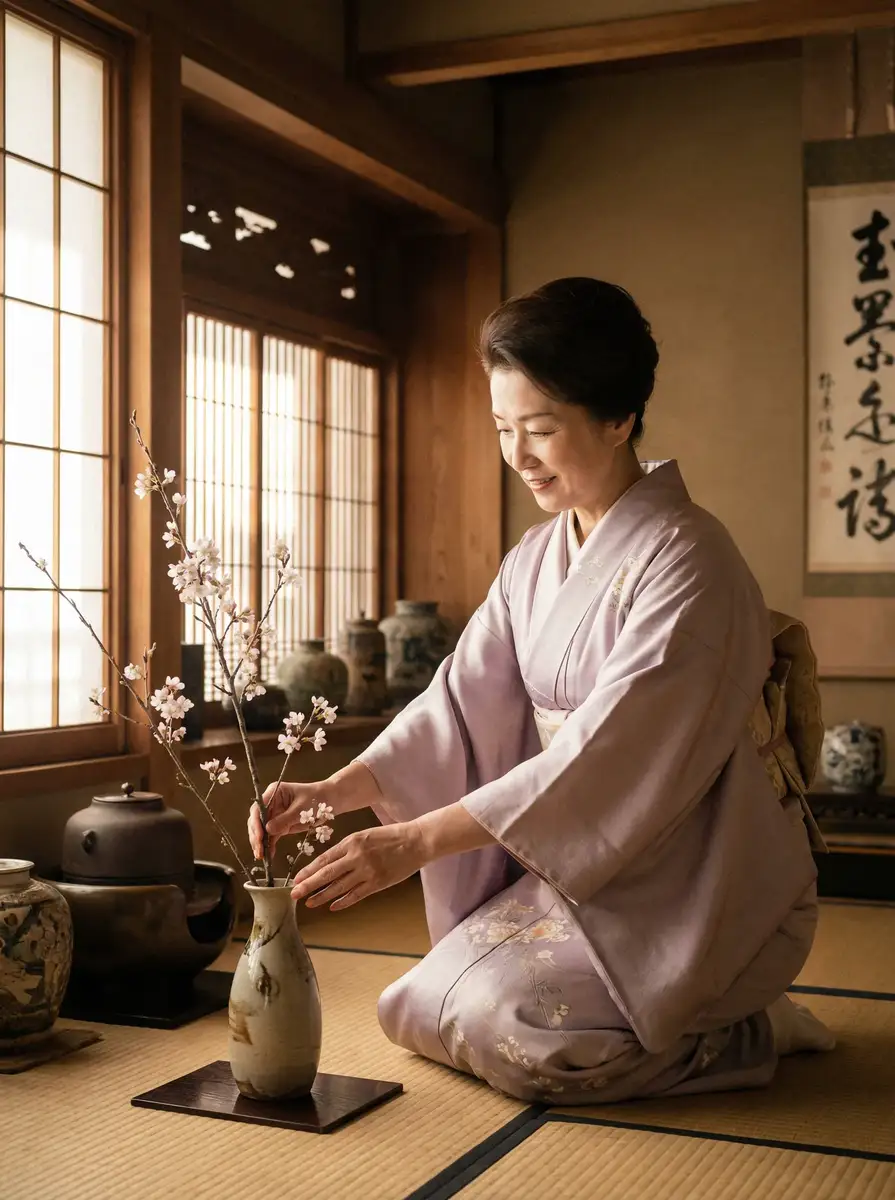 一位优雅的 竞博平台 在和室中插花
